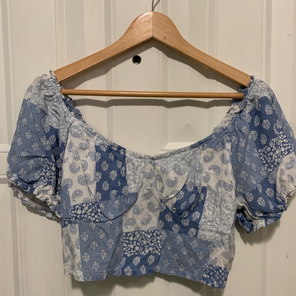 Hollister Blue and White Patchwork Crop Top
